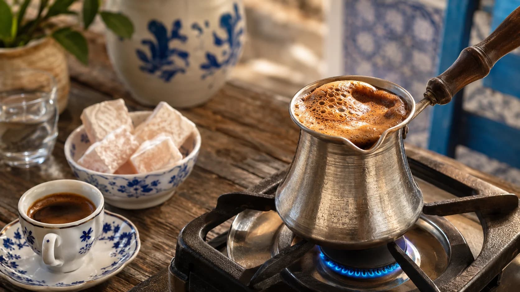 Greek coffee rising in a copper briki beside a demitasse cup, water and loukoumi