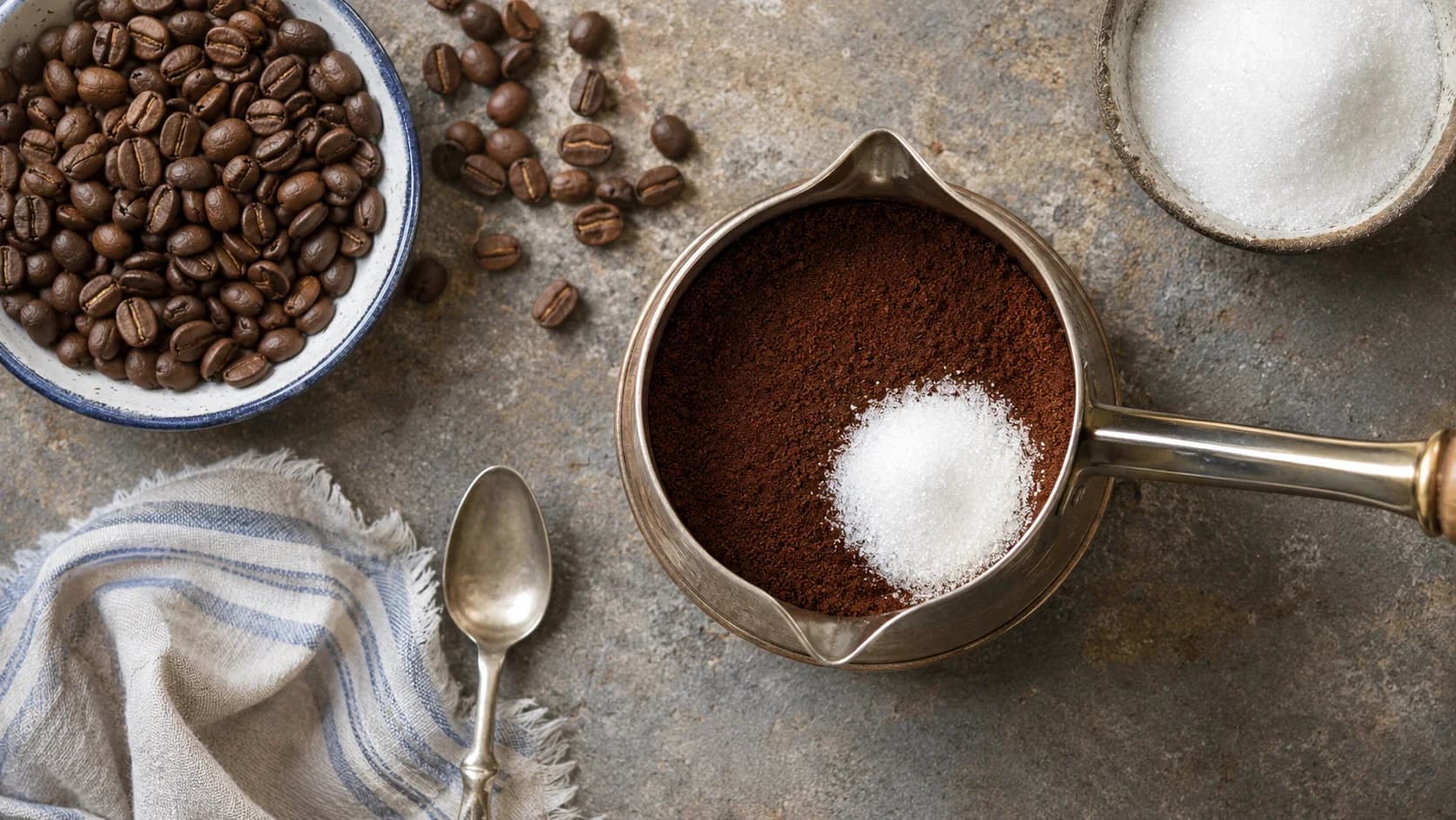 Powder-fine Greek coffee, sugar and a copper briki arranged for one-cup brewing
