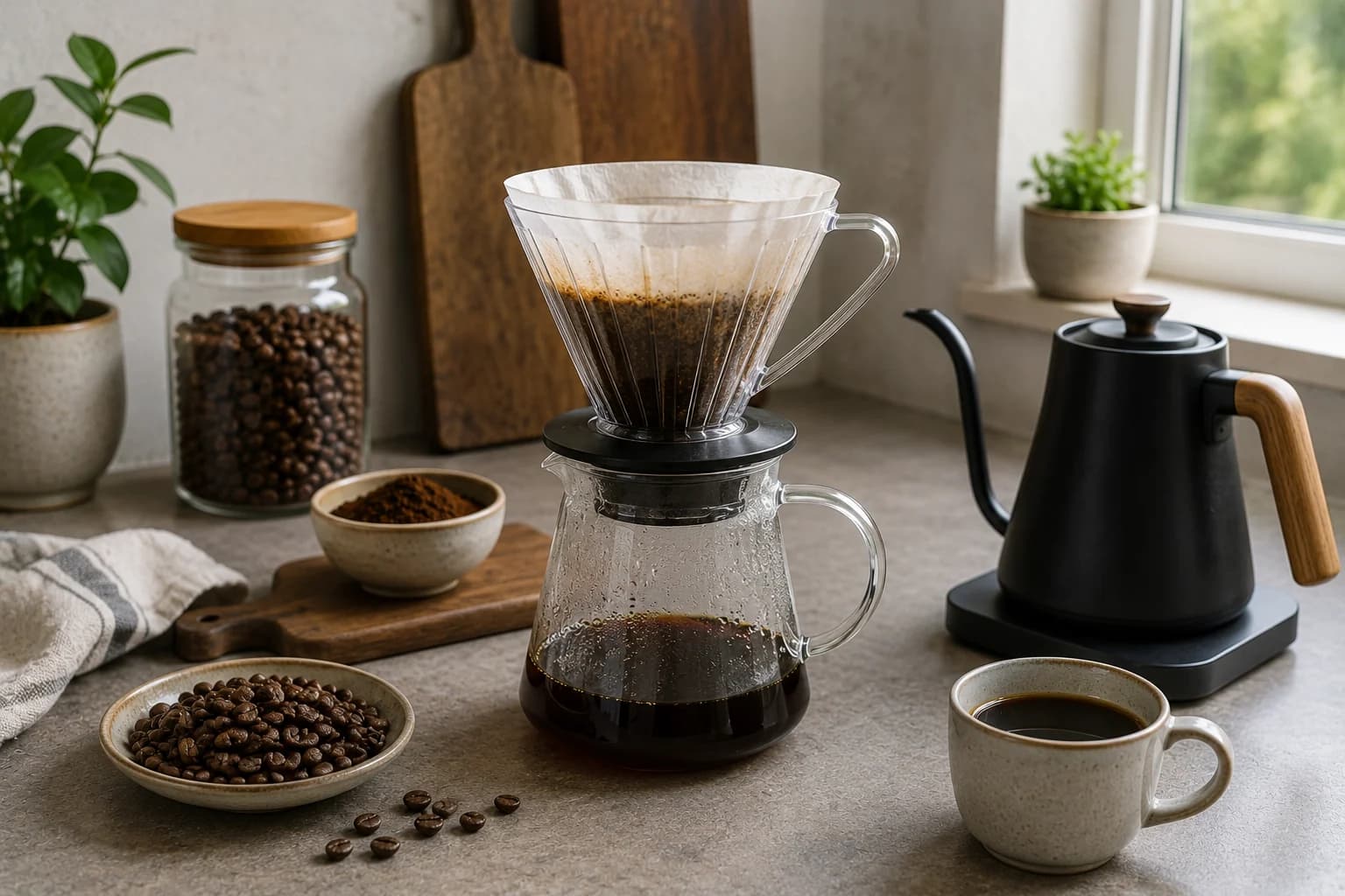 Hario Switch hybrid immersion dripper with coffee, kettle and cup on a counter
