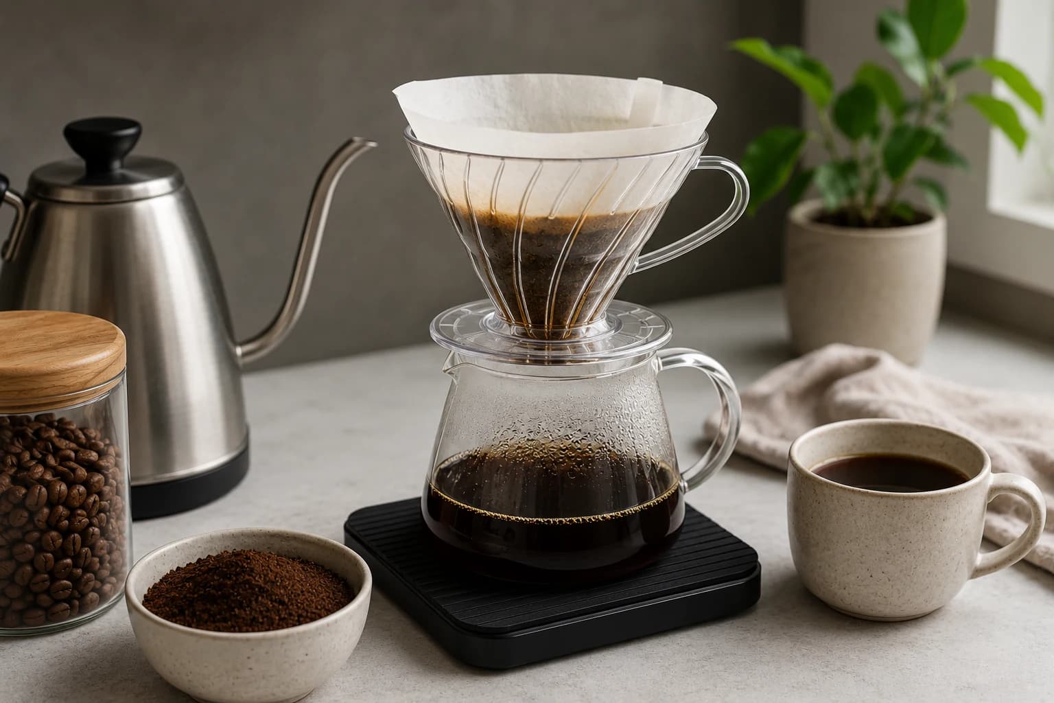 Hario V60 pour over setup with paper filter, kettle, beans and cup