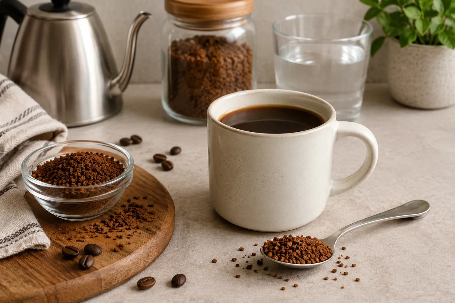 Instant coffee with soluble granules, a finished cup, kettle, and water glass on a counter