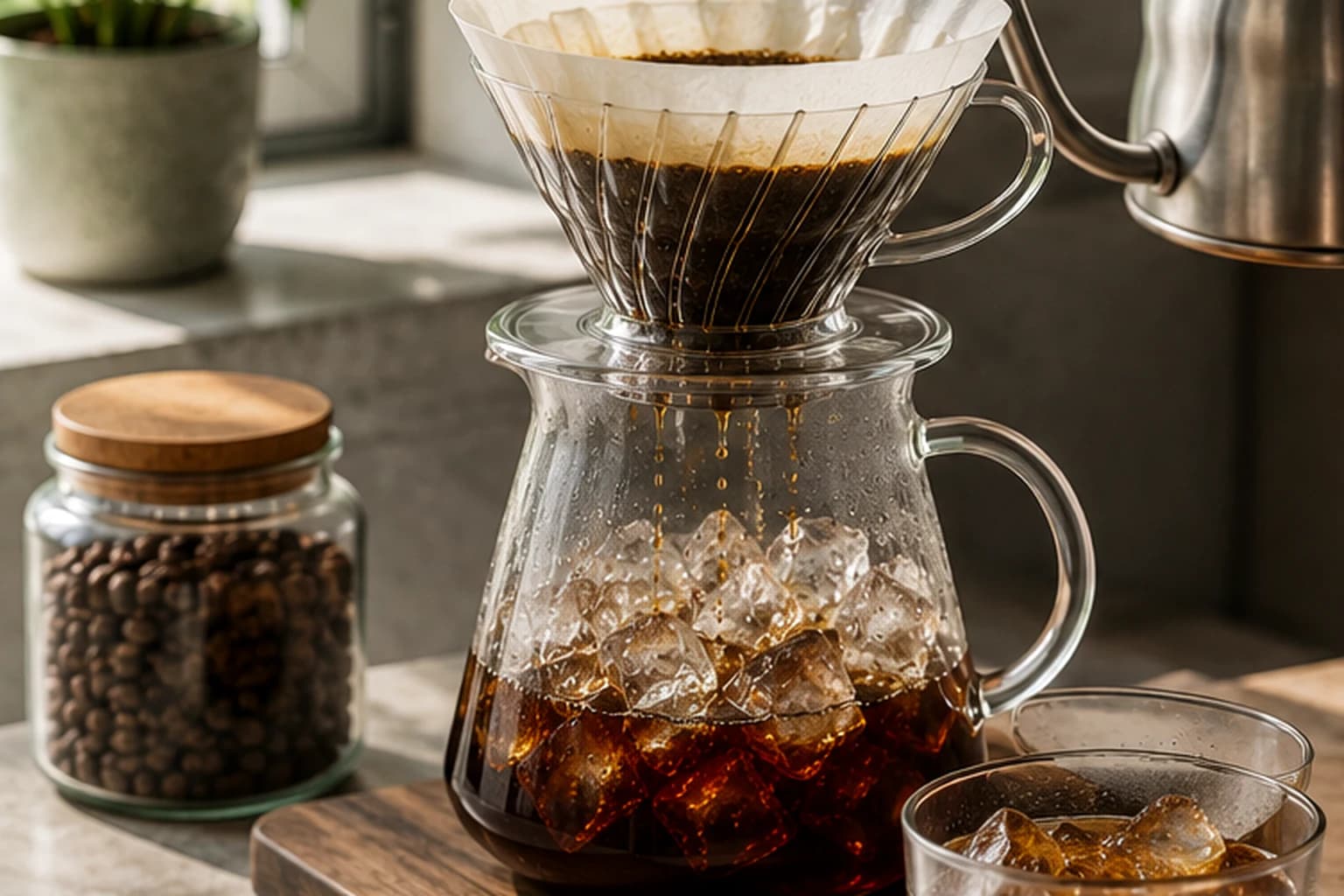 Japanese iced coffee dripper brewing hot coffee over ice into a glass server