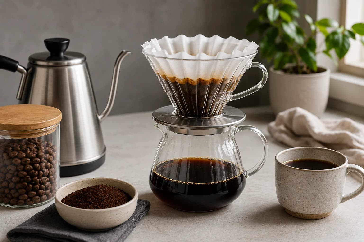 Kalita Wave dripper brewing coffee through a wavy paper filter into a server