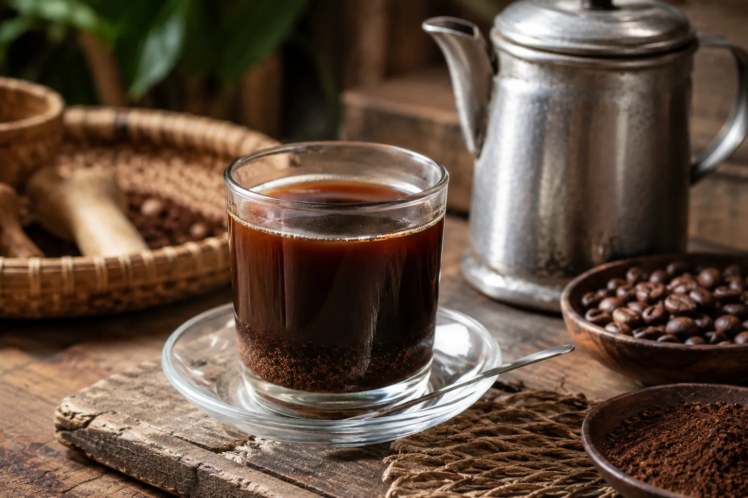 Kopi Tubruk served in a glass with visible grounds, coffee beans, and a metal kettle