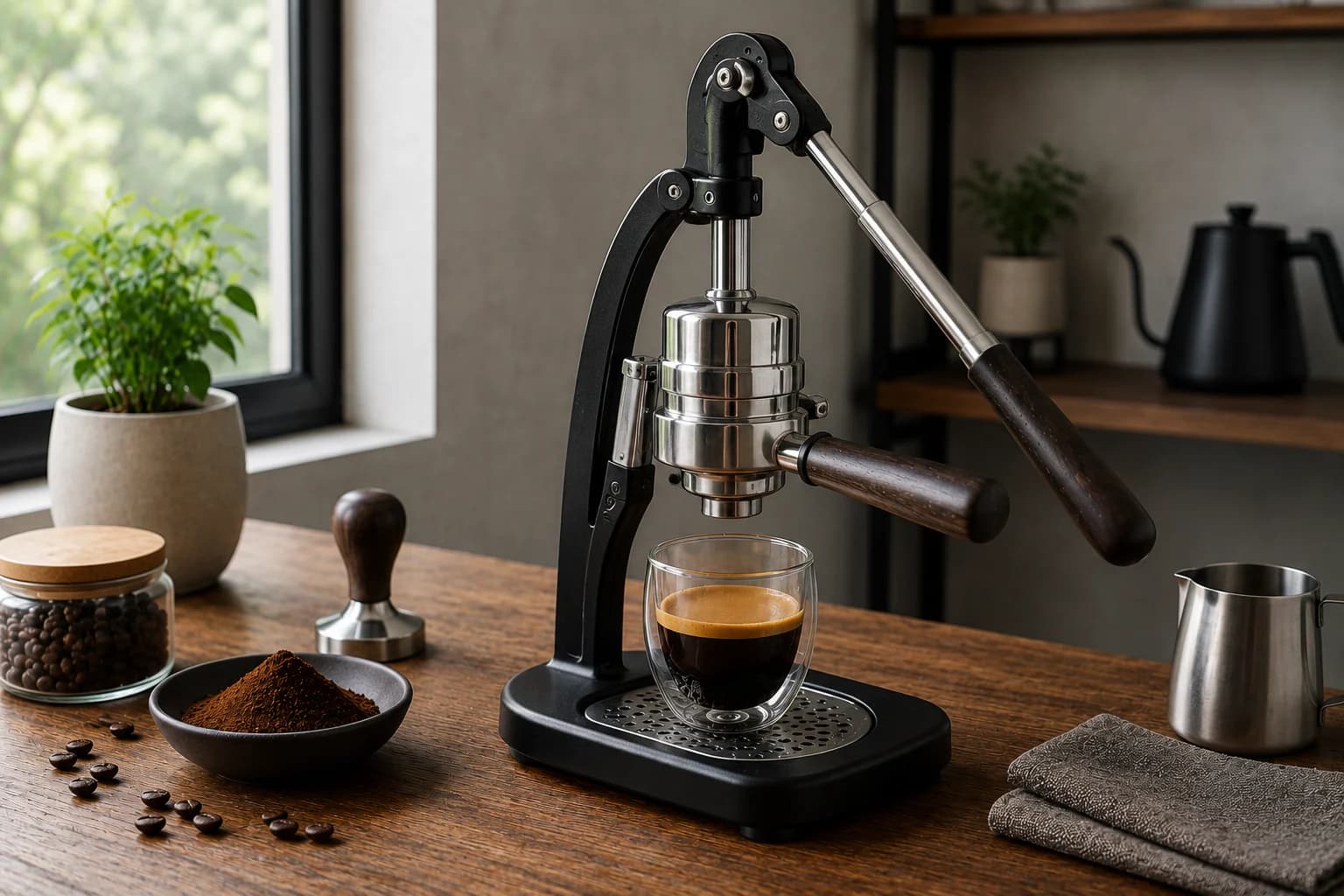 Manual lever espresso machine pulling a shot with grinder, tamper, and milk pitcher nearby