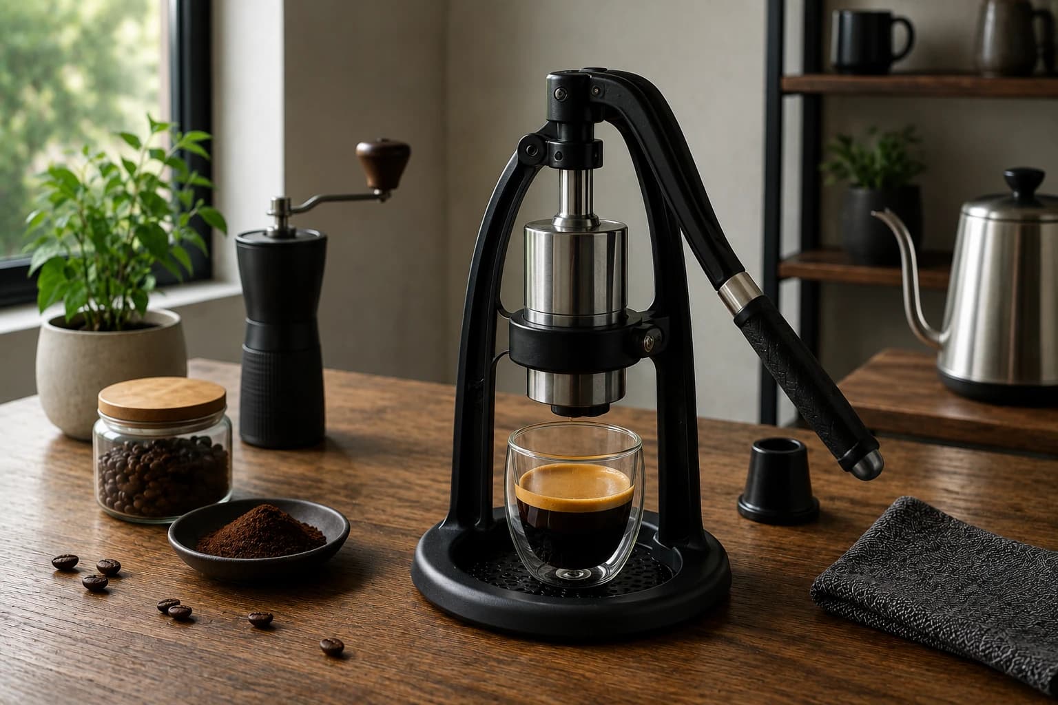 Manual espresso maker pulling a shot with coffee grounds, tamper, and kettle nearby