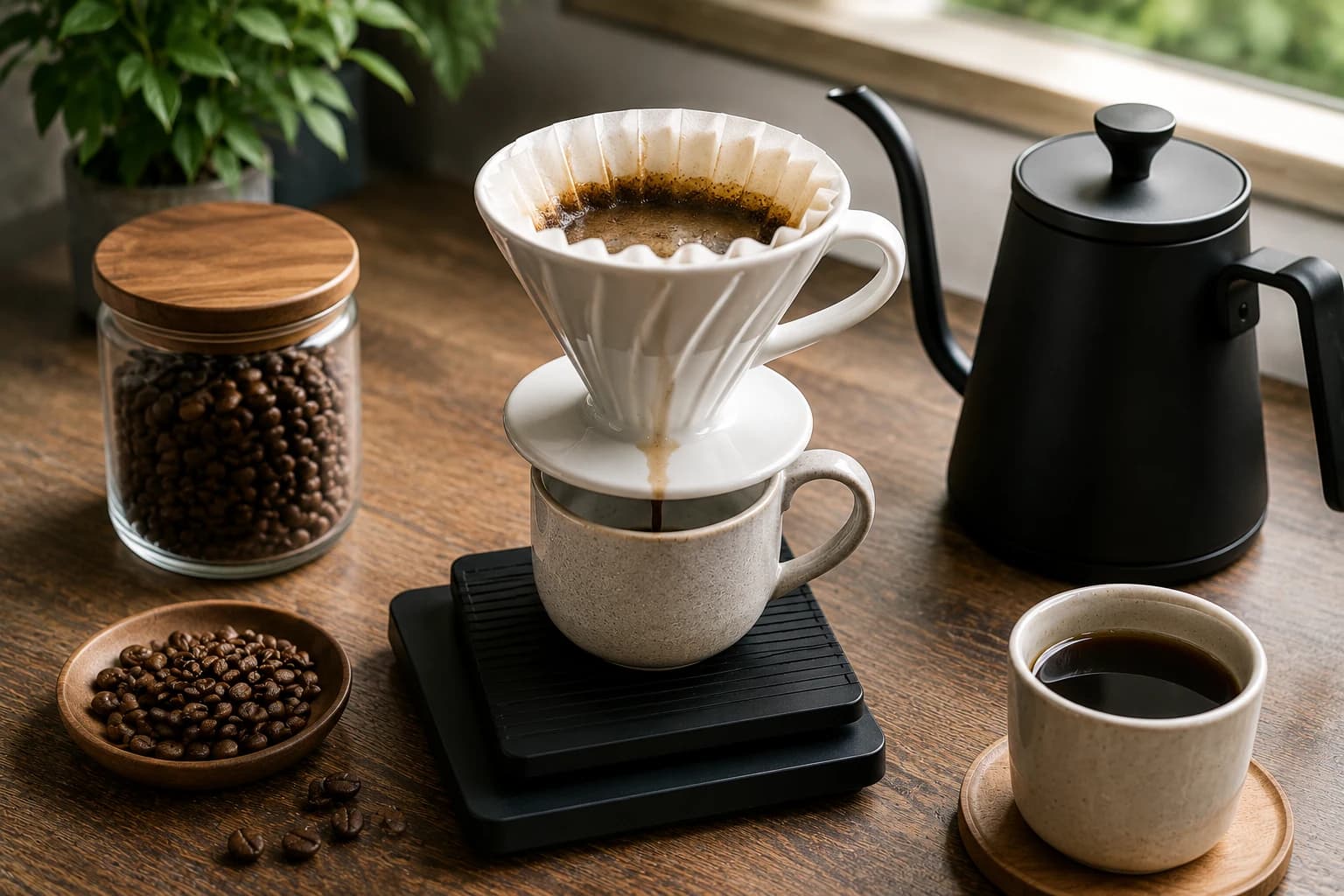 Melitta cone dripper brewing coffee through a paper filter into a server