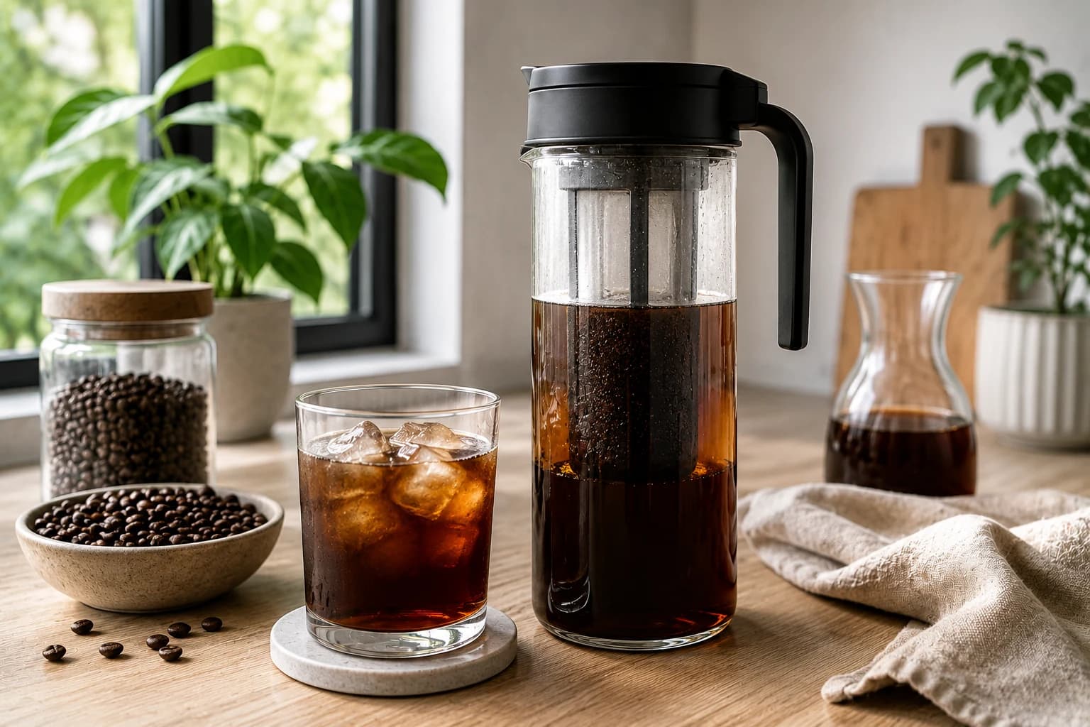 Mizudashi cold brew pitcher steeping coffee with iced coffee served nearby