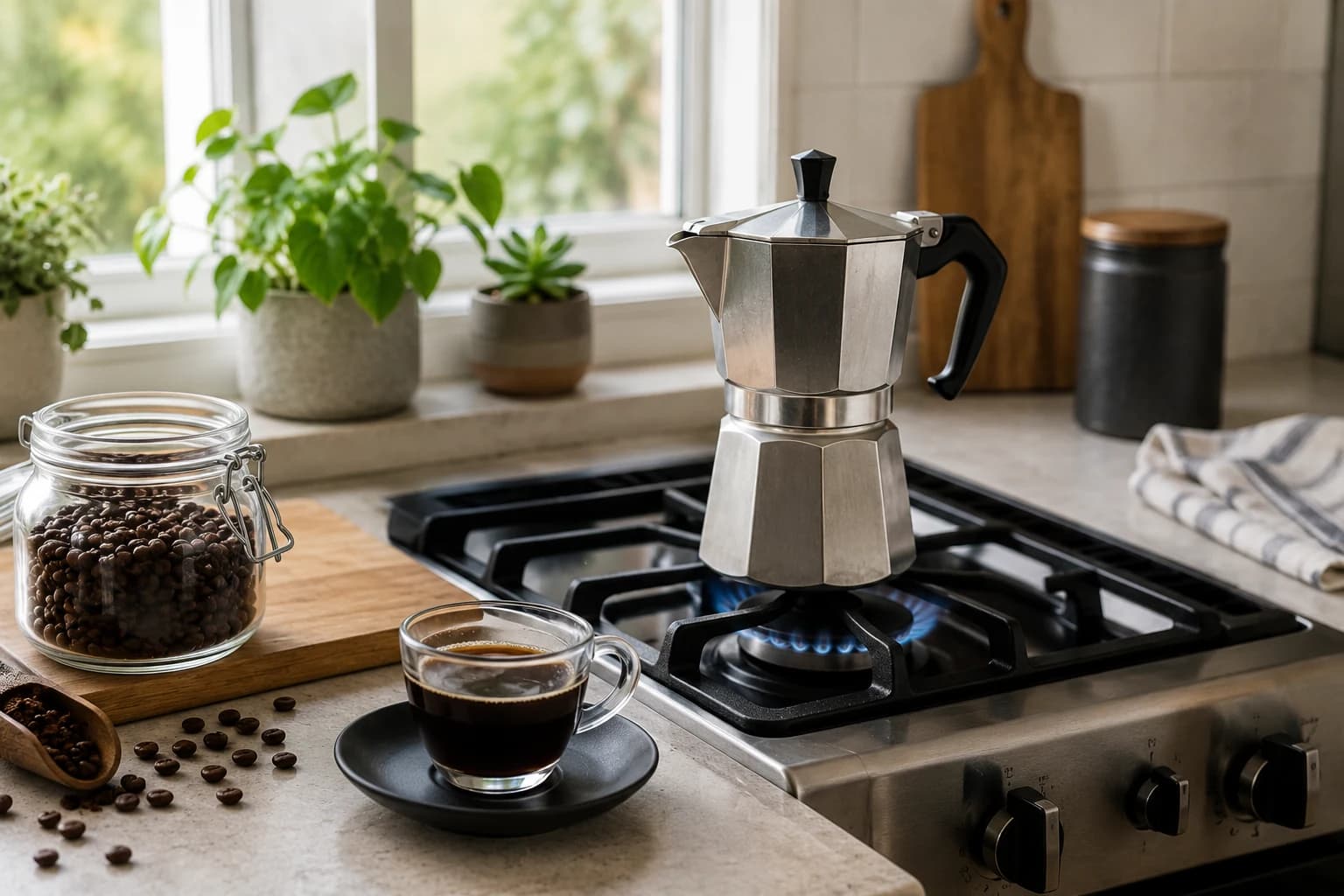 Moka pot brewing strong stovetop coffee beside a finished cup and whole coffee beans