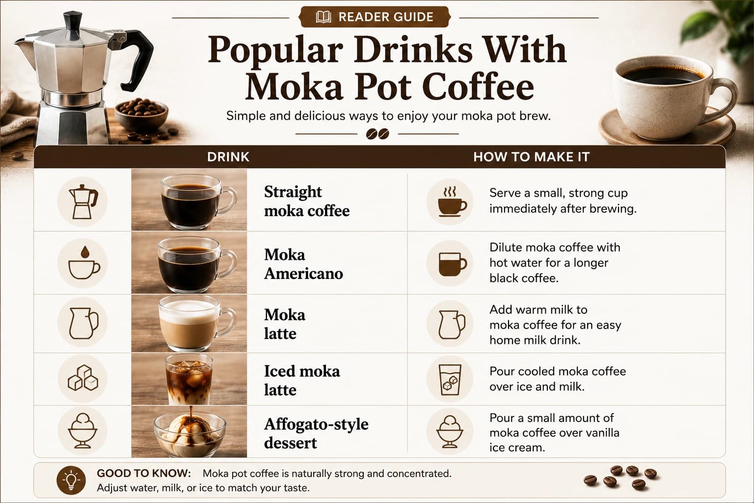 Popular moka pot drinks infographic with coffee, Americano, latte, iced latte, and affogato ideas