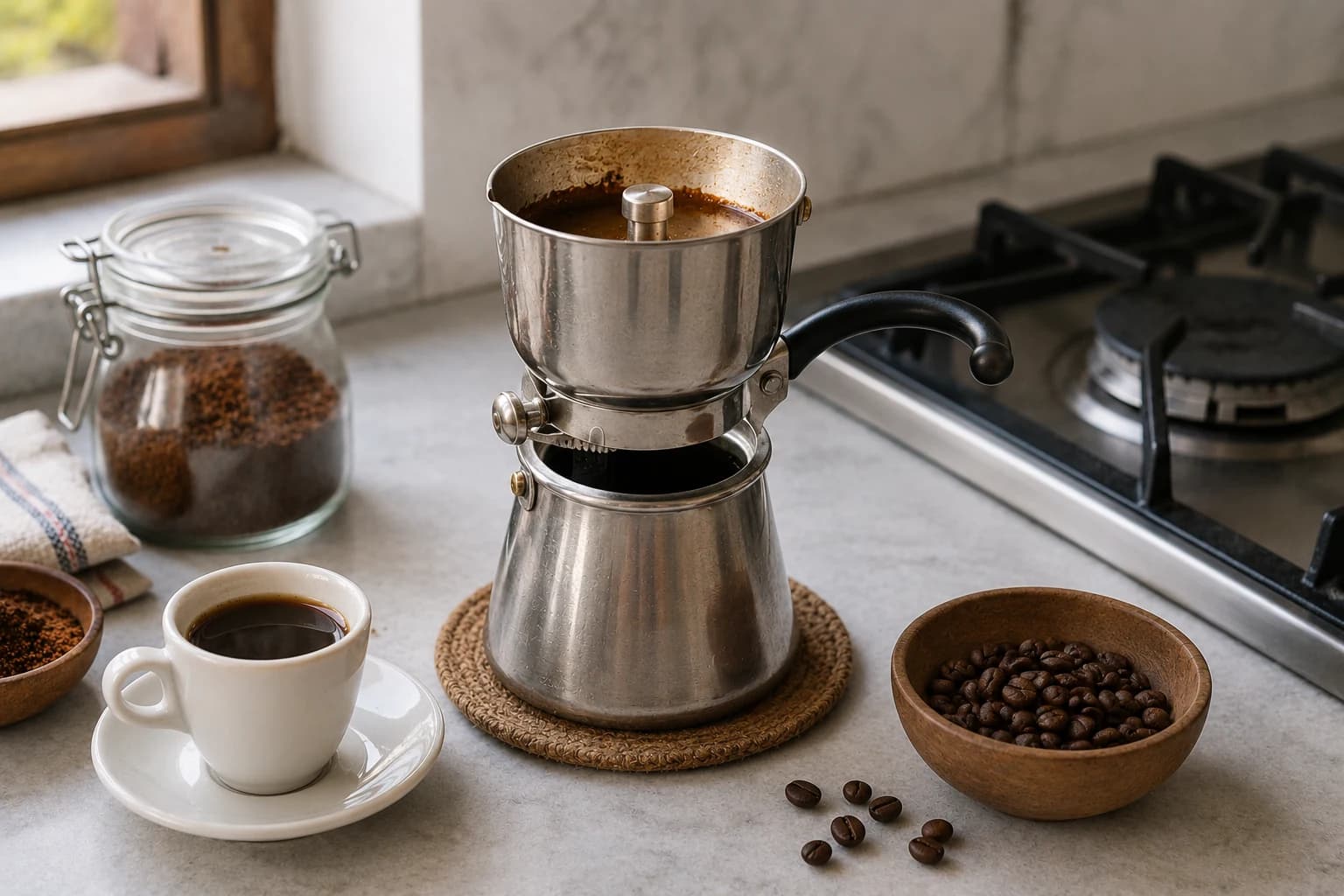 Neapolitan flip coffee pot with brewed coffee, grounds, and a cup on a kitchen counter
