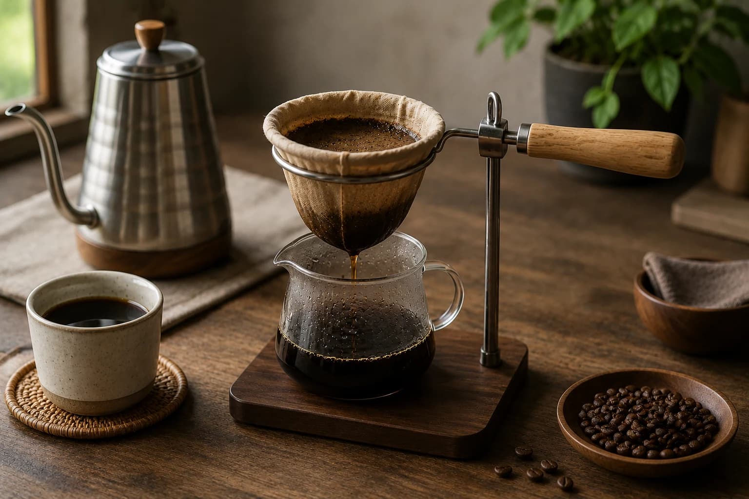 Nel drip cloth filter brewing coffee into a small server with beans and a kettle nearby