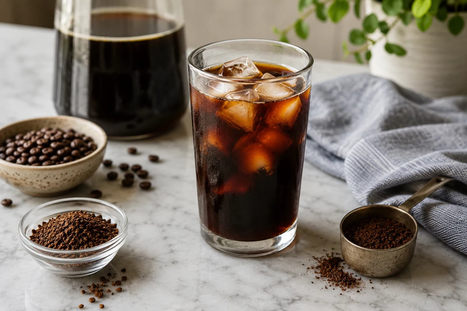 New Orleans-style cold brew served over ice beside a steeping jar
