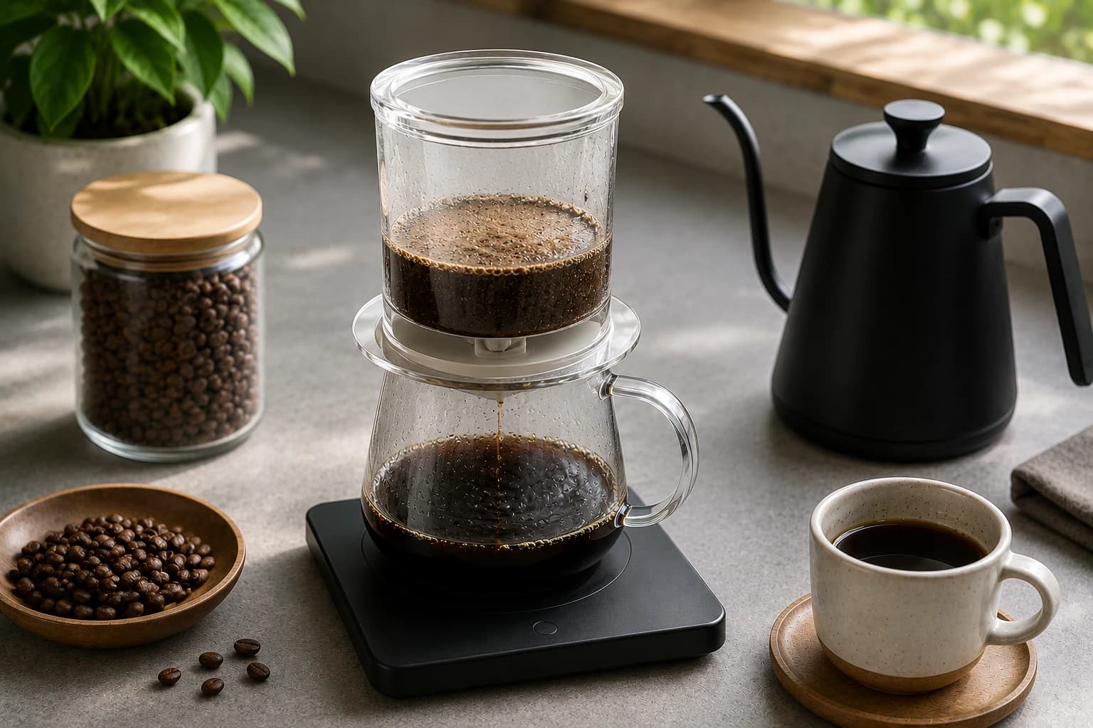 No-bypass filter brewer on a scale with coffee, kettle, and cup