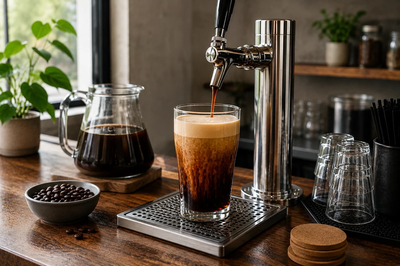 Nitro cold brew cascading beneath a dense foam head in a clear glass