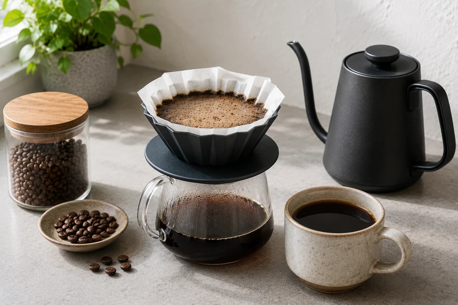 Orea Brewer pour over setup with paper filter, kettle, beans, and cup