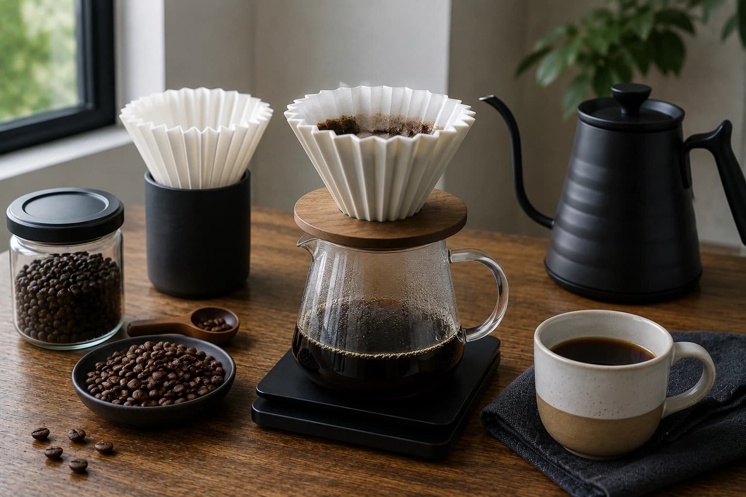 Origami dripper brewing coffee through a paper filter with kettle, beans, and cup