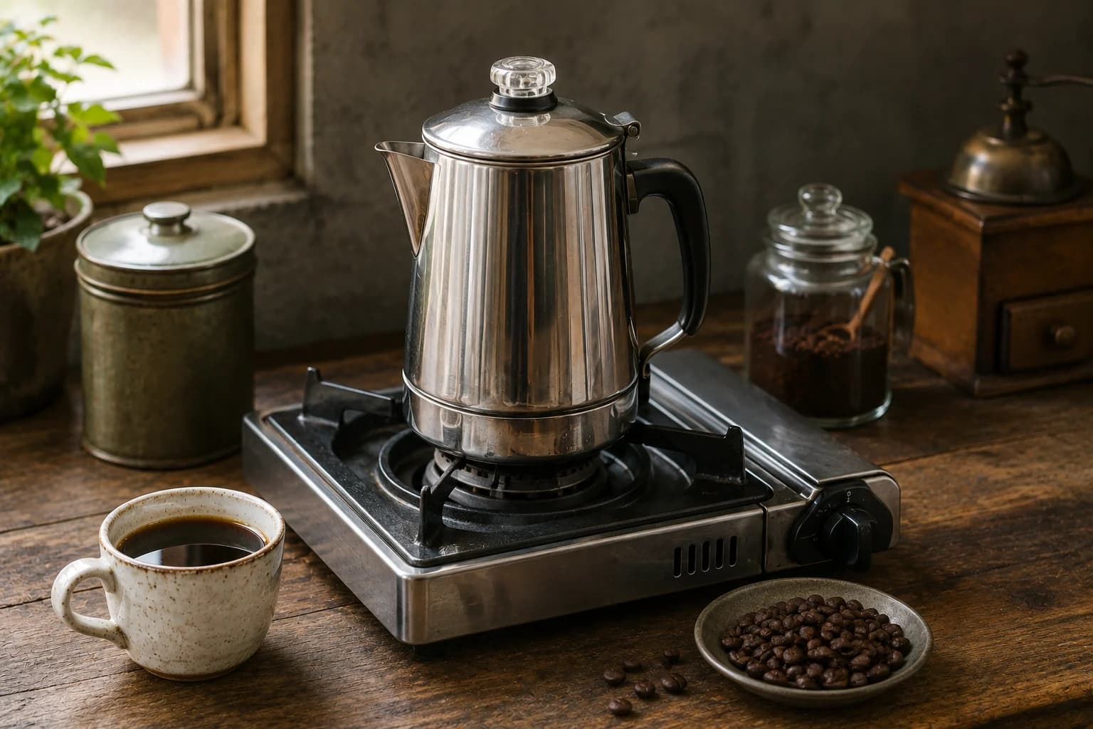 Stovetop coffee percolator brewing with coffee beans and a cup nearby