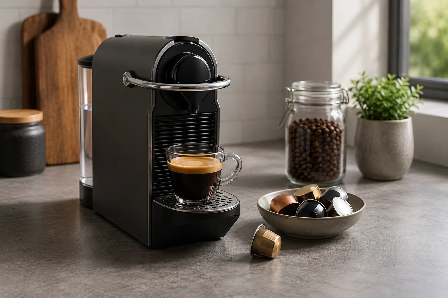 Pod coffee machine extracting coffee from capsules into a small glass cup