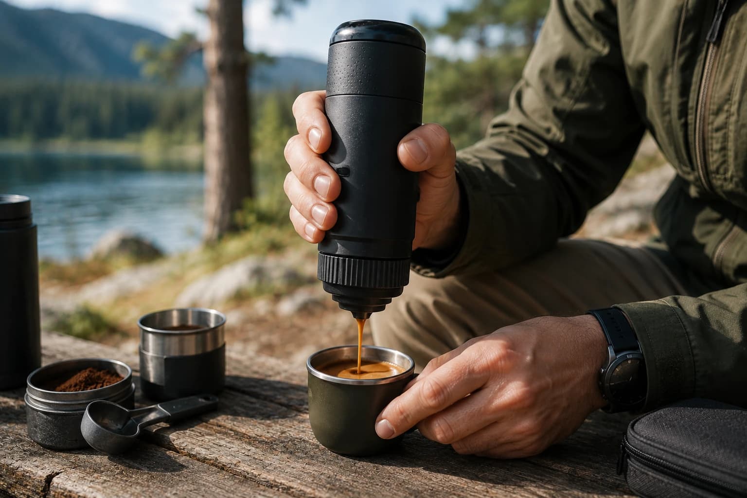 Portable espresso maker pulling a shot outdoors with travel coffee gear nearby