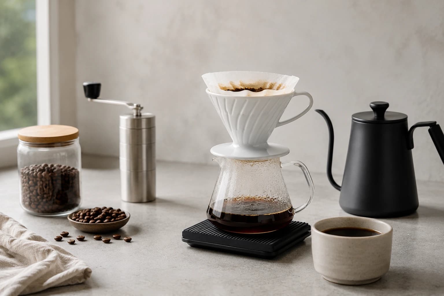 Brewer pouring hot water from a gooseneck kettle over coffee in a manual filter dripper