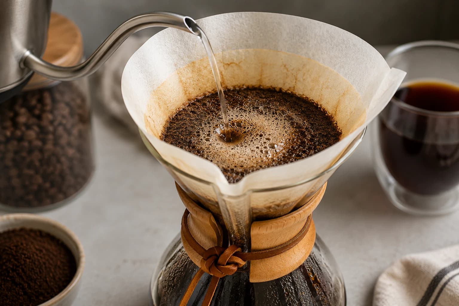 Hot water moving through ground coffee and a paper filter in a manual pour over dripper