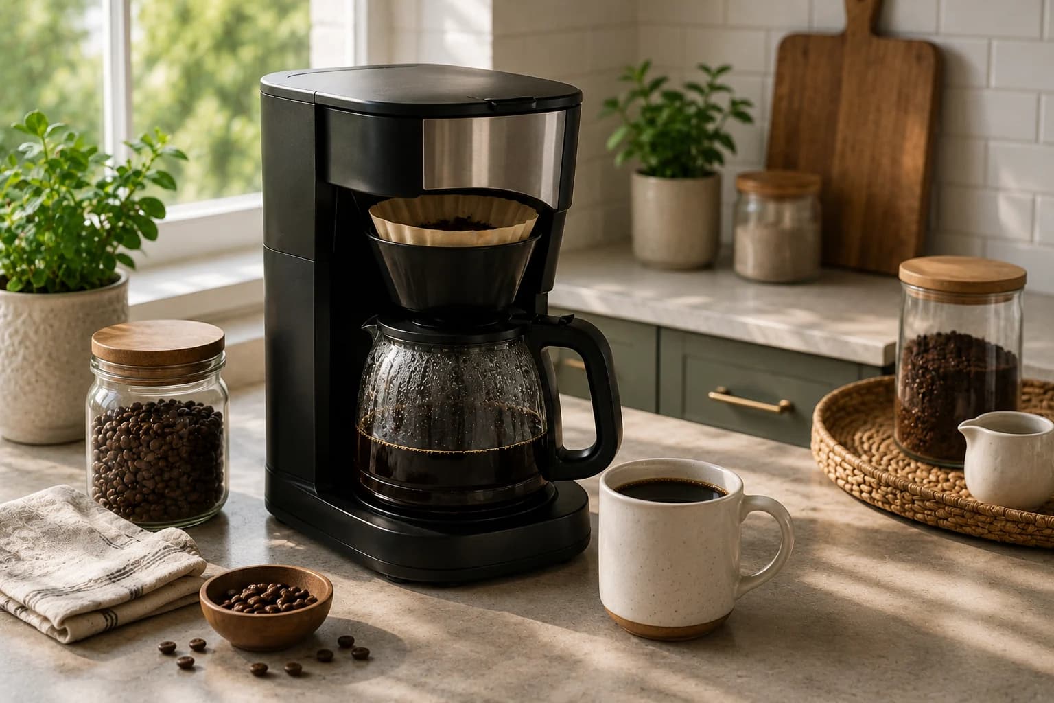 Automatic drip brewer showerhead wetting coffee through a paper filter