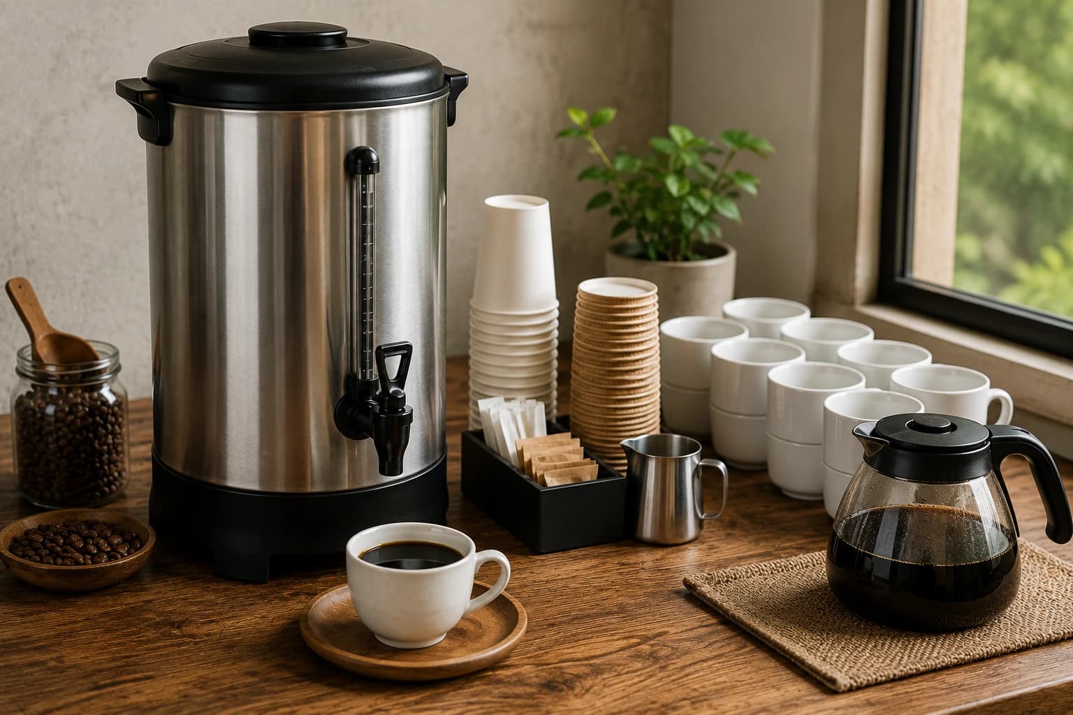 Batch service coffee setup with urn, cups, and brewed coffee