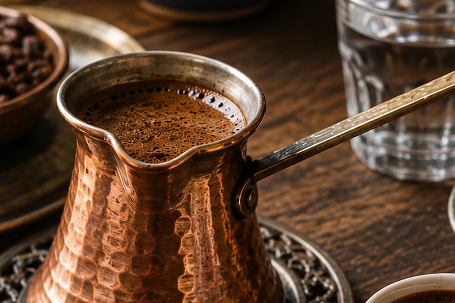 Turkish coffee simmering in a copper cezve with cups and coffee beans nearby