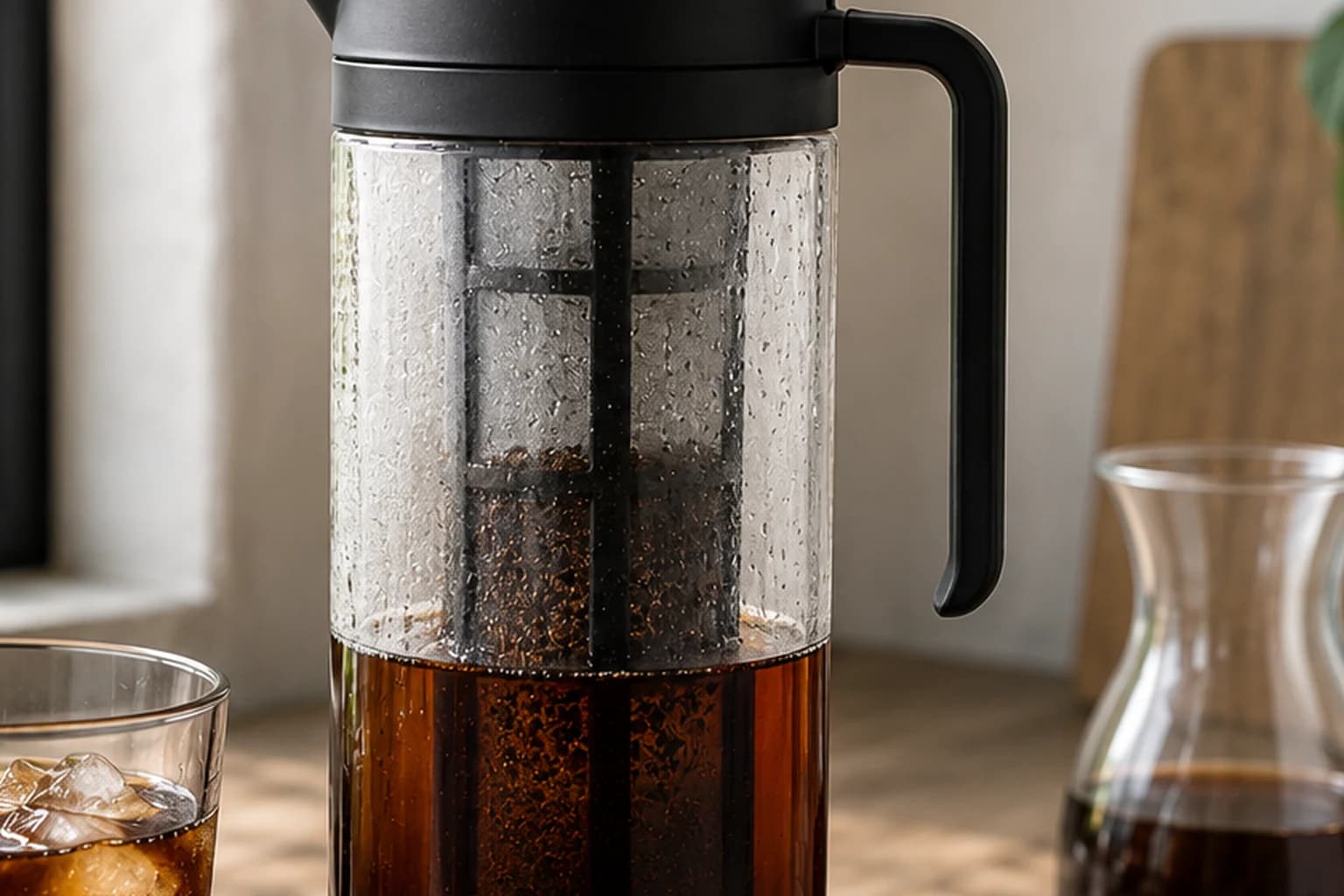 Coarse coffee grounds steeping in water in a glass jar for cold brew with iced coffee nearby