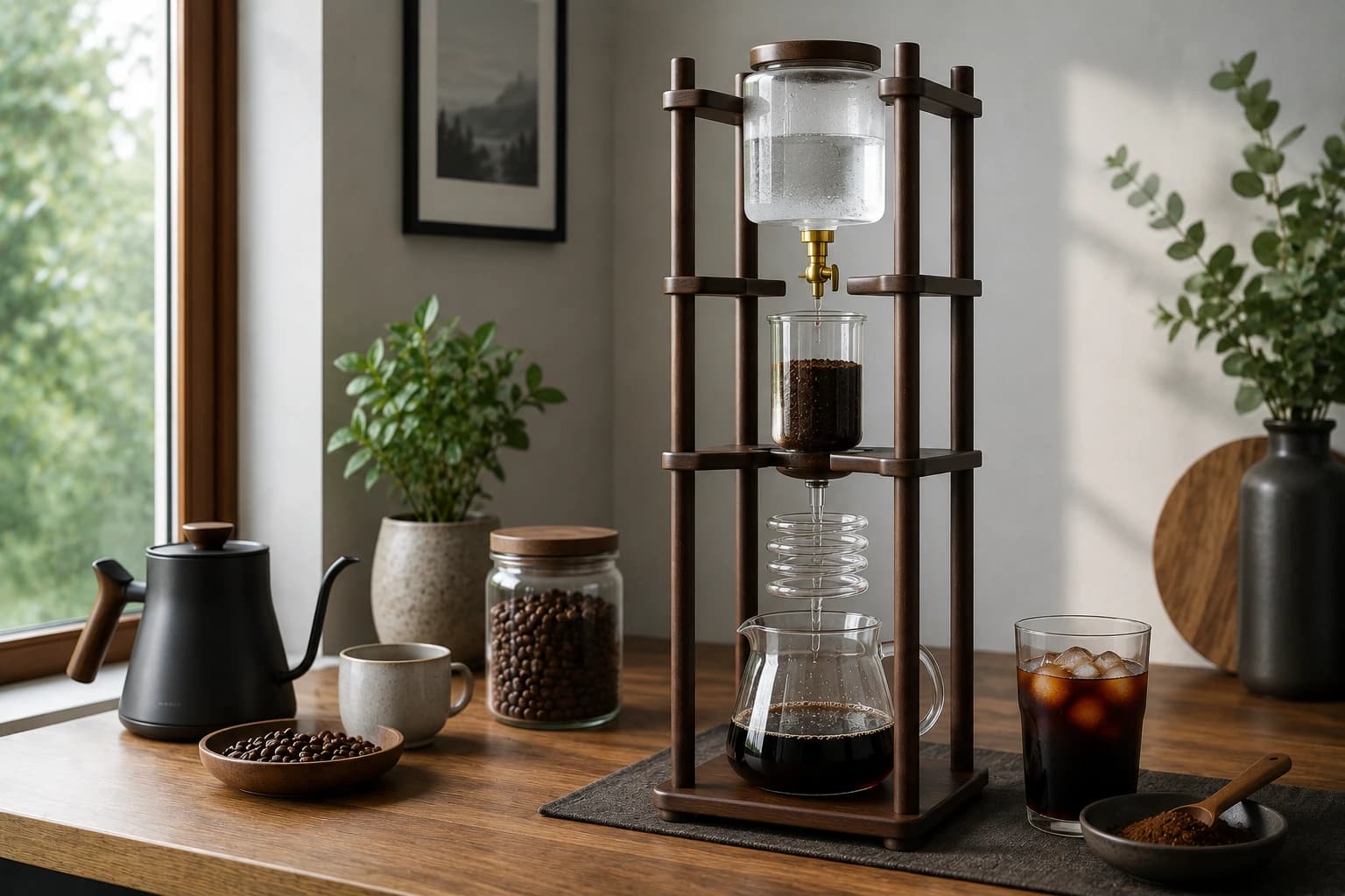 Cold drip tower extracting coffee slowly into a carafe