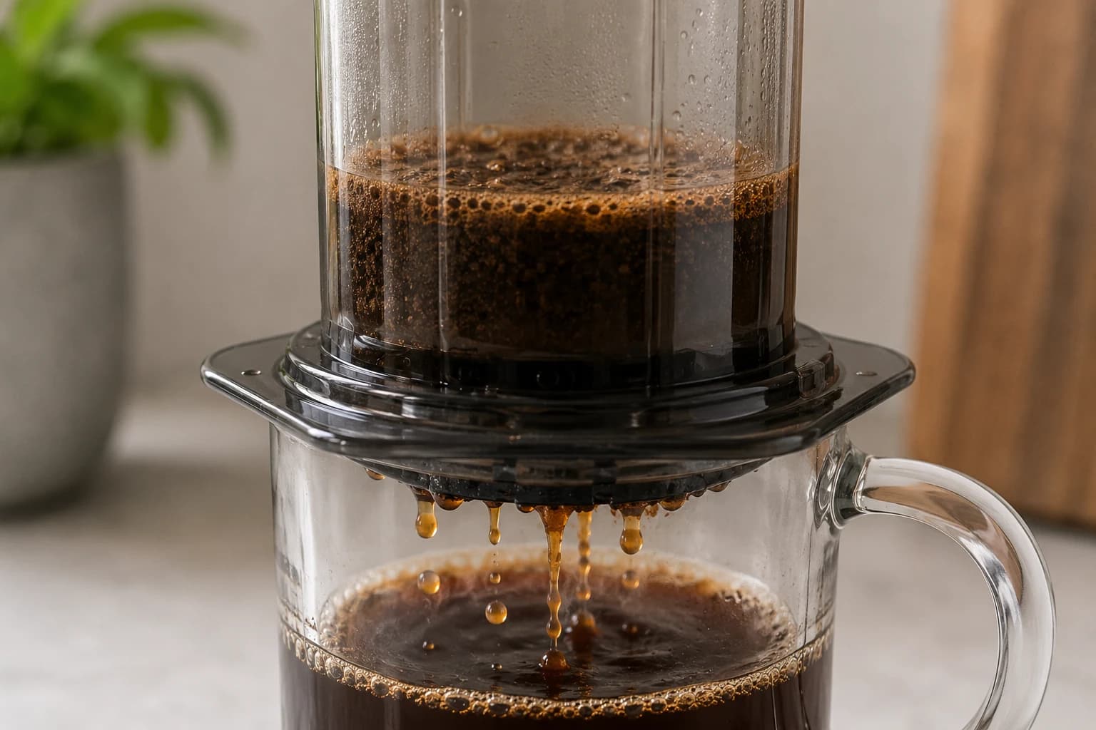 Coffee draining through a hybrid immersion and filter brewer into a glass mug