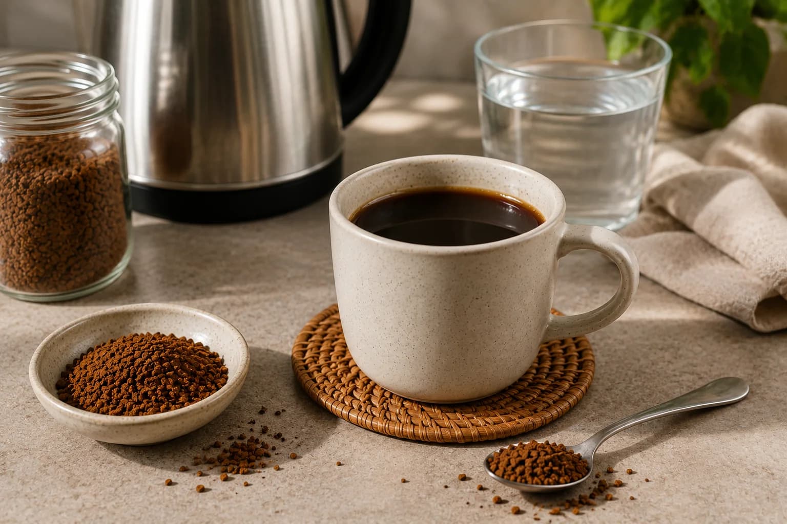 Instant coffee granules beside a finished cup, kettle, and water glass