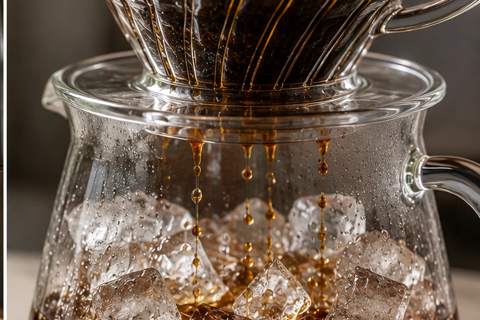 Hot filter coffee dripping over ice in a glass server