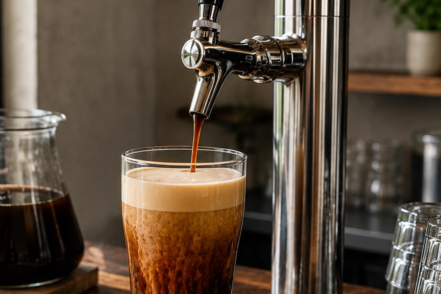 Nitro cold brew pouring from a tap into a glass with foam