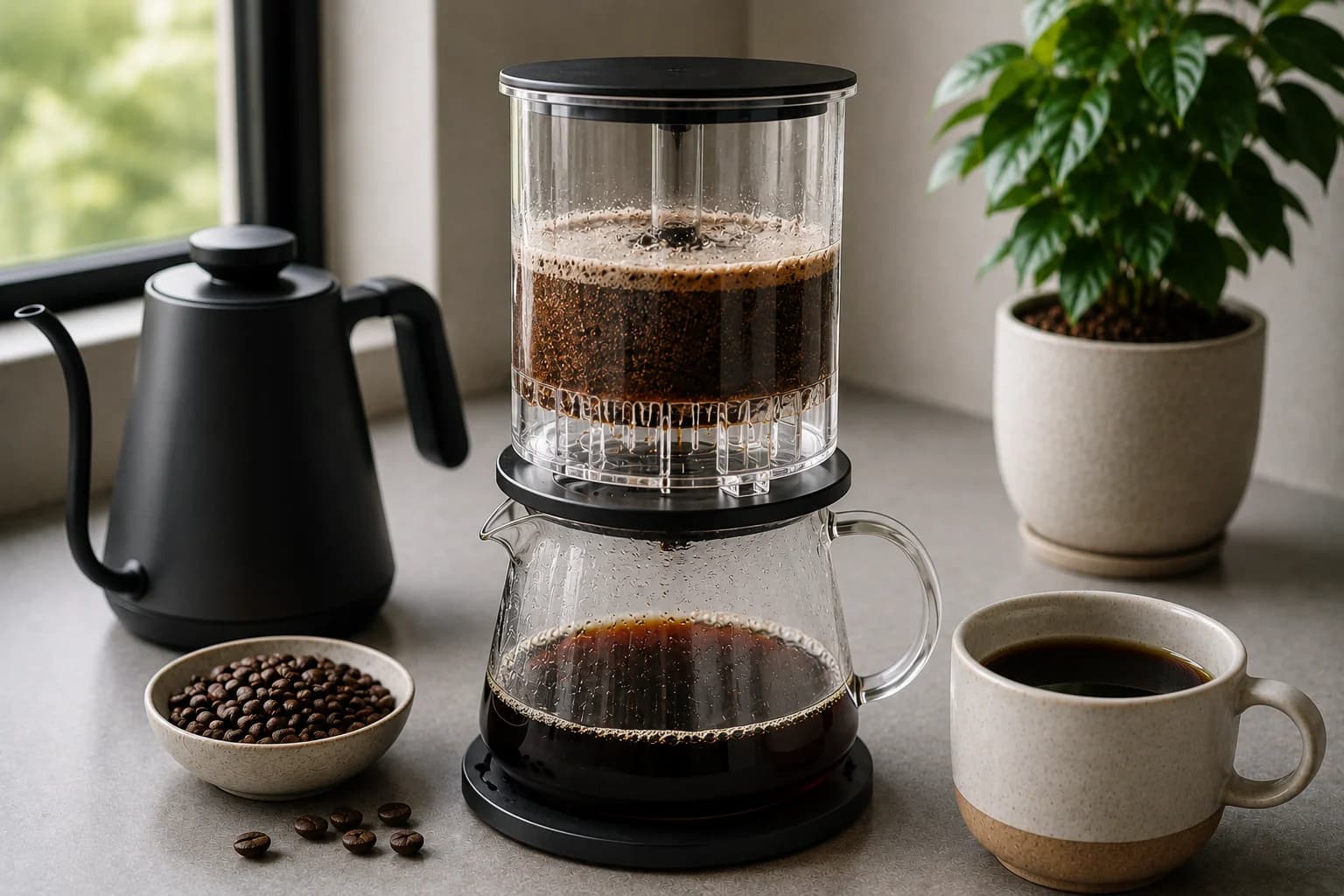 No-bypass brewer draining coffee through an even bed