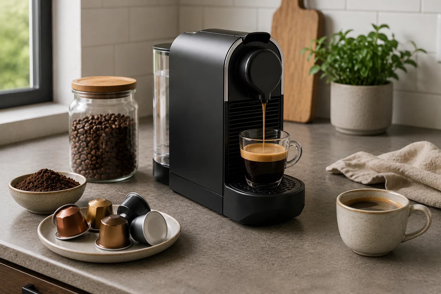 Pod coffee machine extracting espresso style coffee from a capsule
