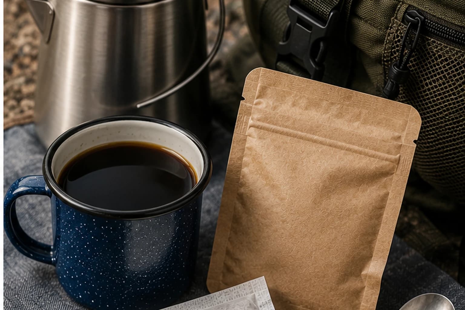 Steeped coffee bag and portable coffee pouch beside a camp mug