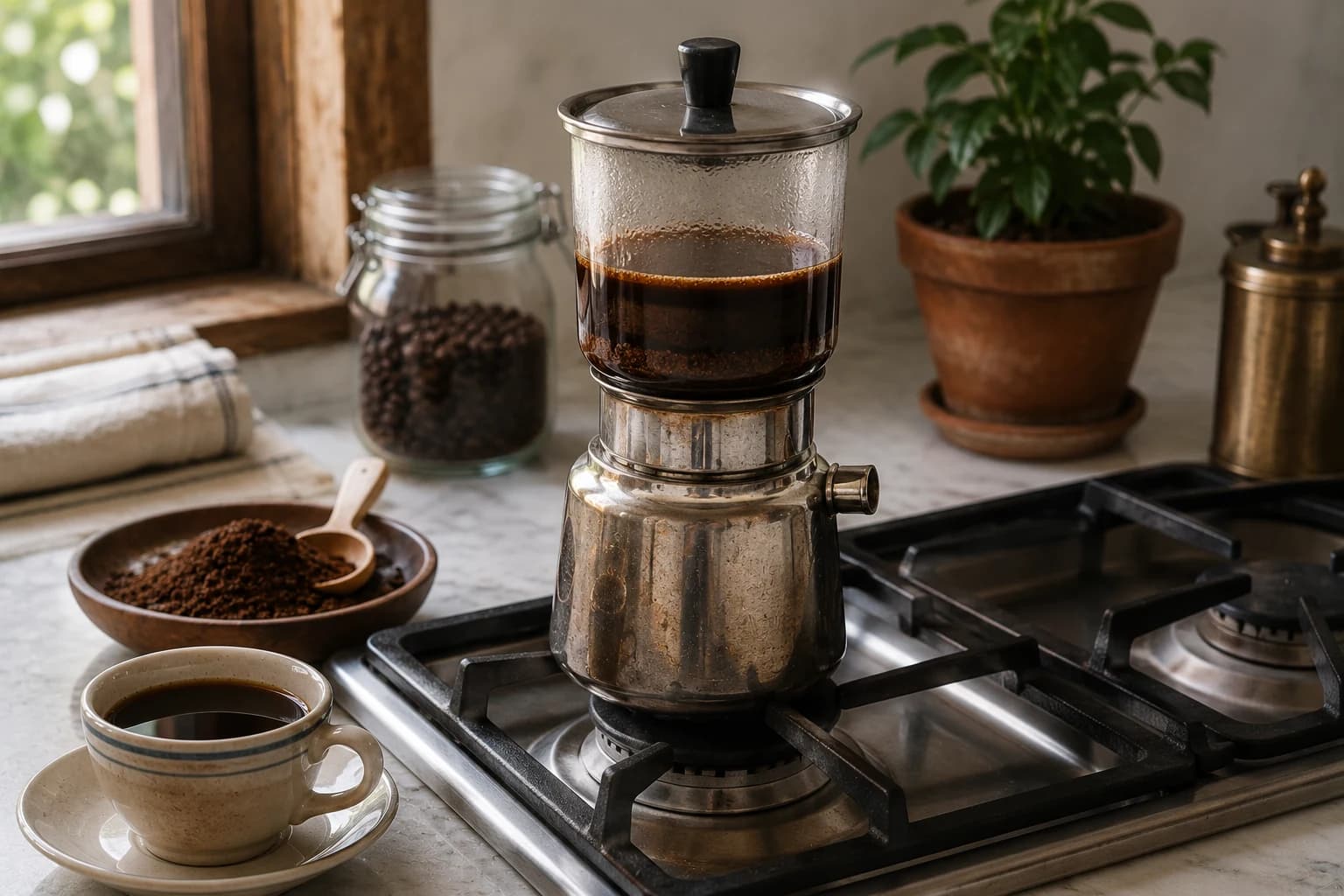 Moka pot coffee brewing on a stovetop with a strong finished cup nearby