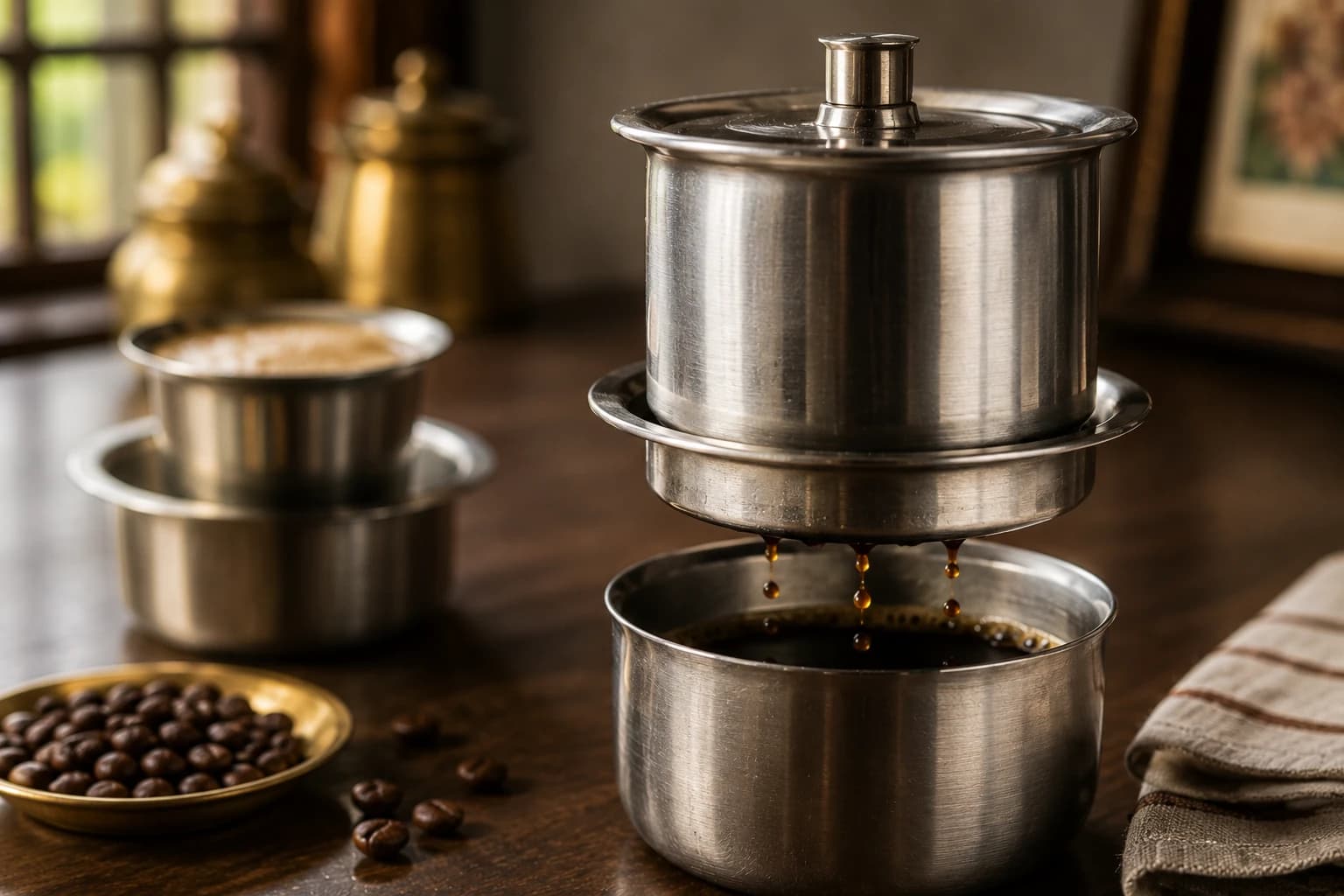 Traditional metal filter coffee dripping into a cup