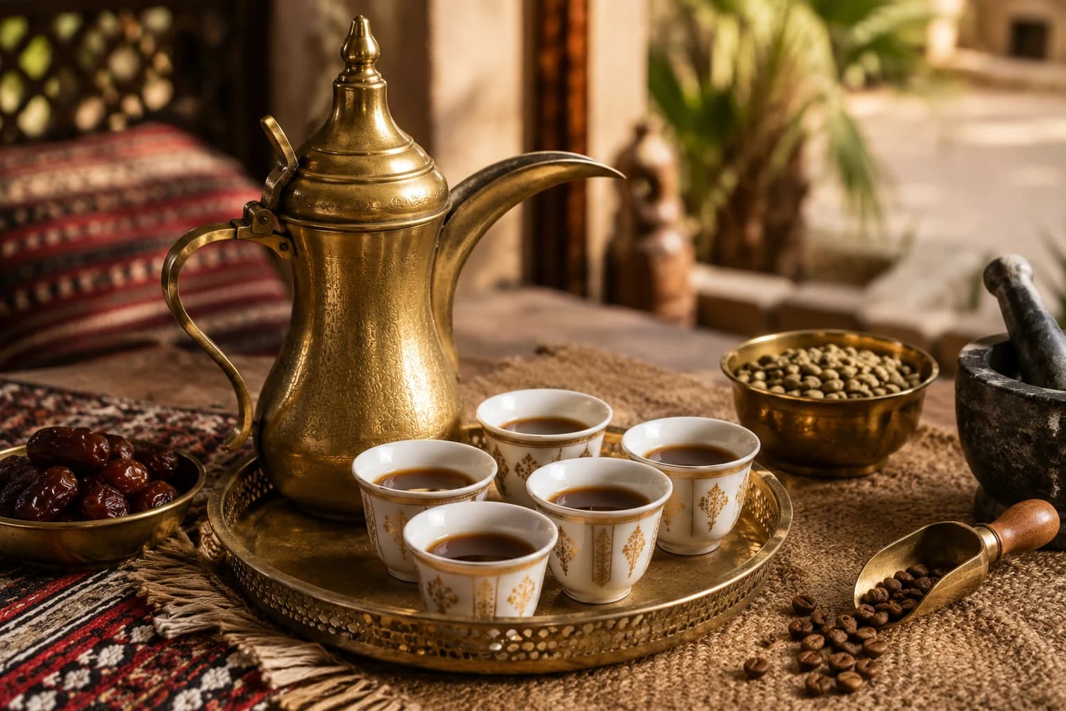 Traditional coffee service with small cups and a coffee pot