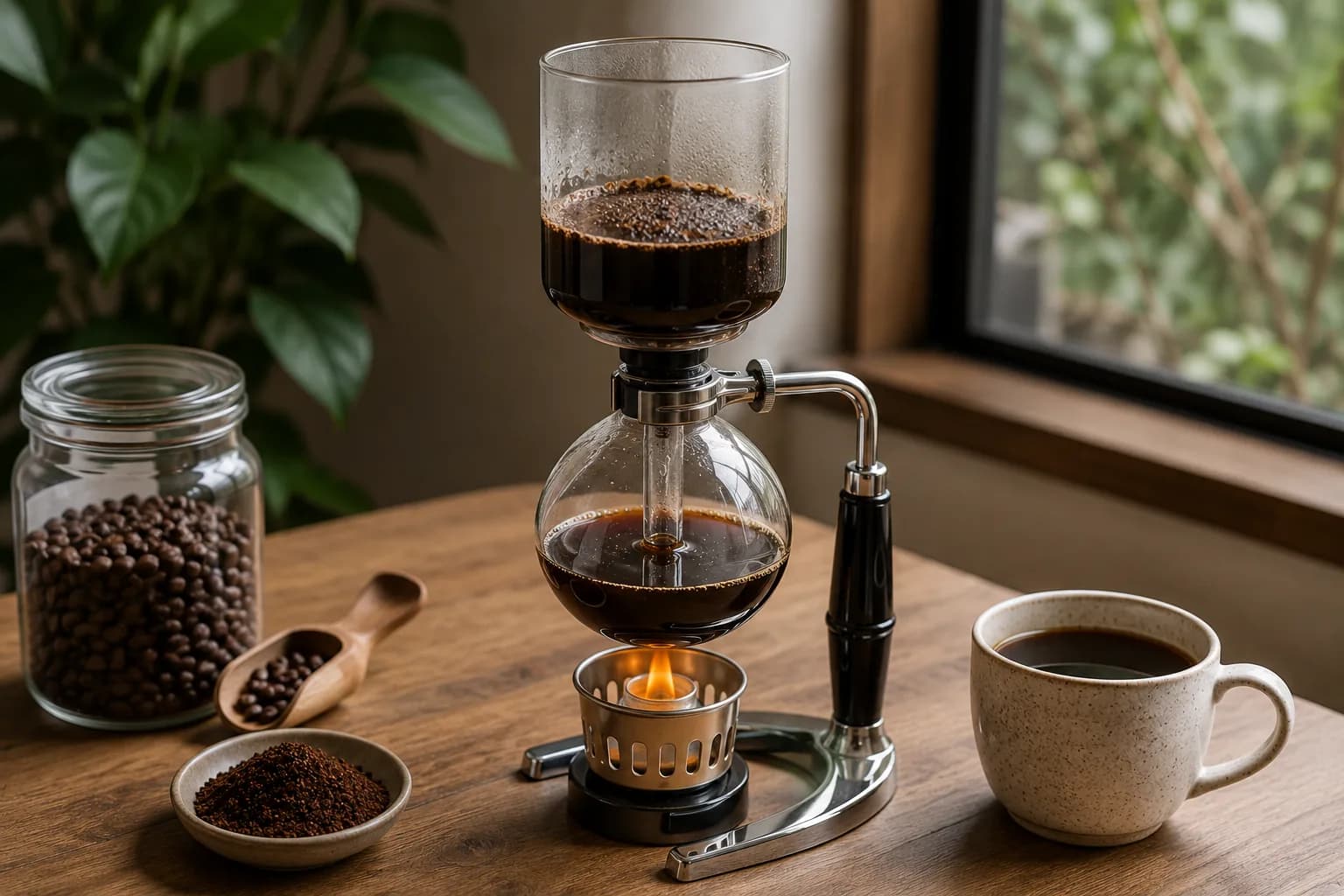 Siphon coffee brewer over a small flame with beans and a finished cup nearby