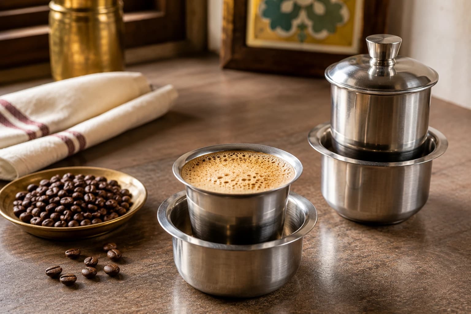South Indian filter coffee setup with stainless steel filter, cup, and roasted beans