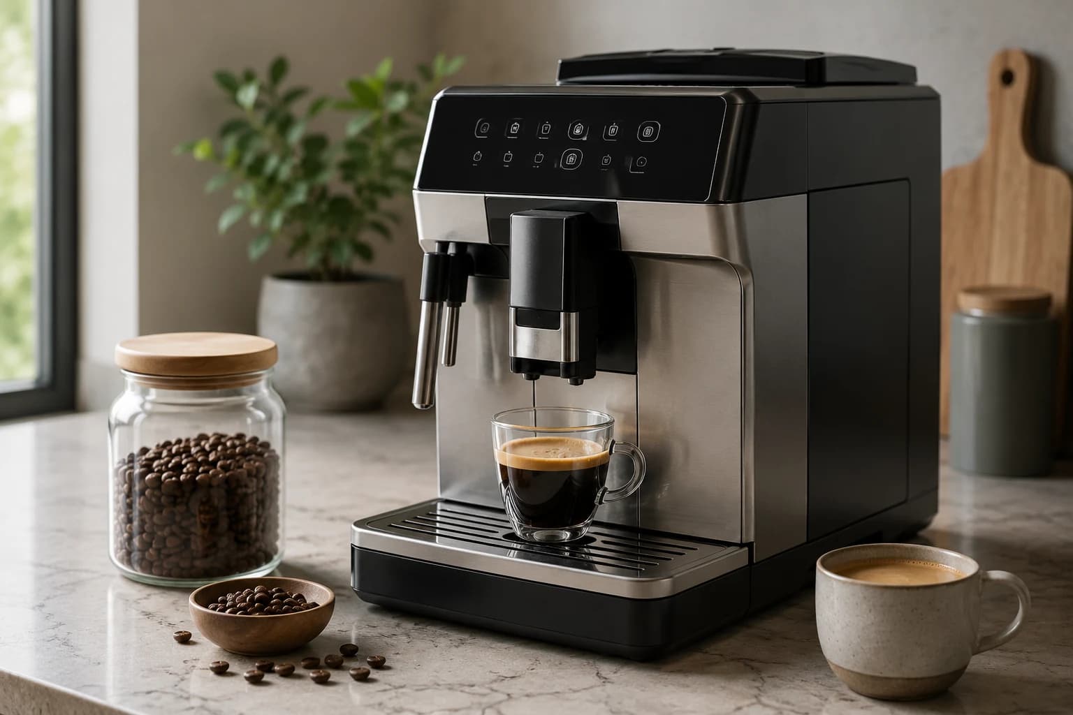 Superautomatic espresso machine dispensing coffee with beans and cups on a kitchen counter