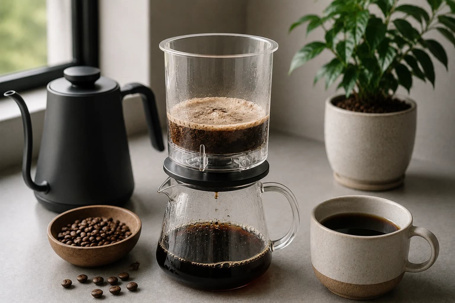 Tricolate no-bypass brewer dripping coffee into a glass server with kettle and cup nearby