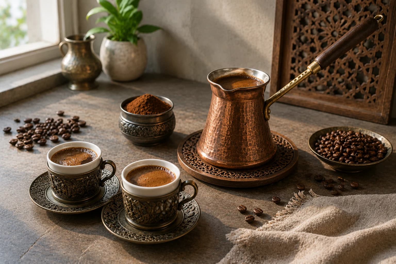 Turkish coffee brewed in a copper cezve with cups, grounds and coffee beans