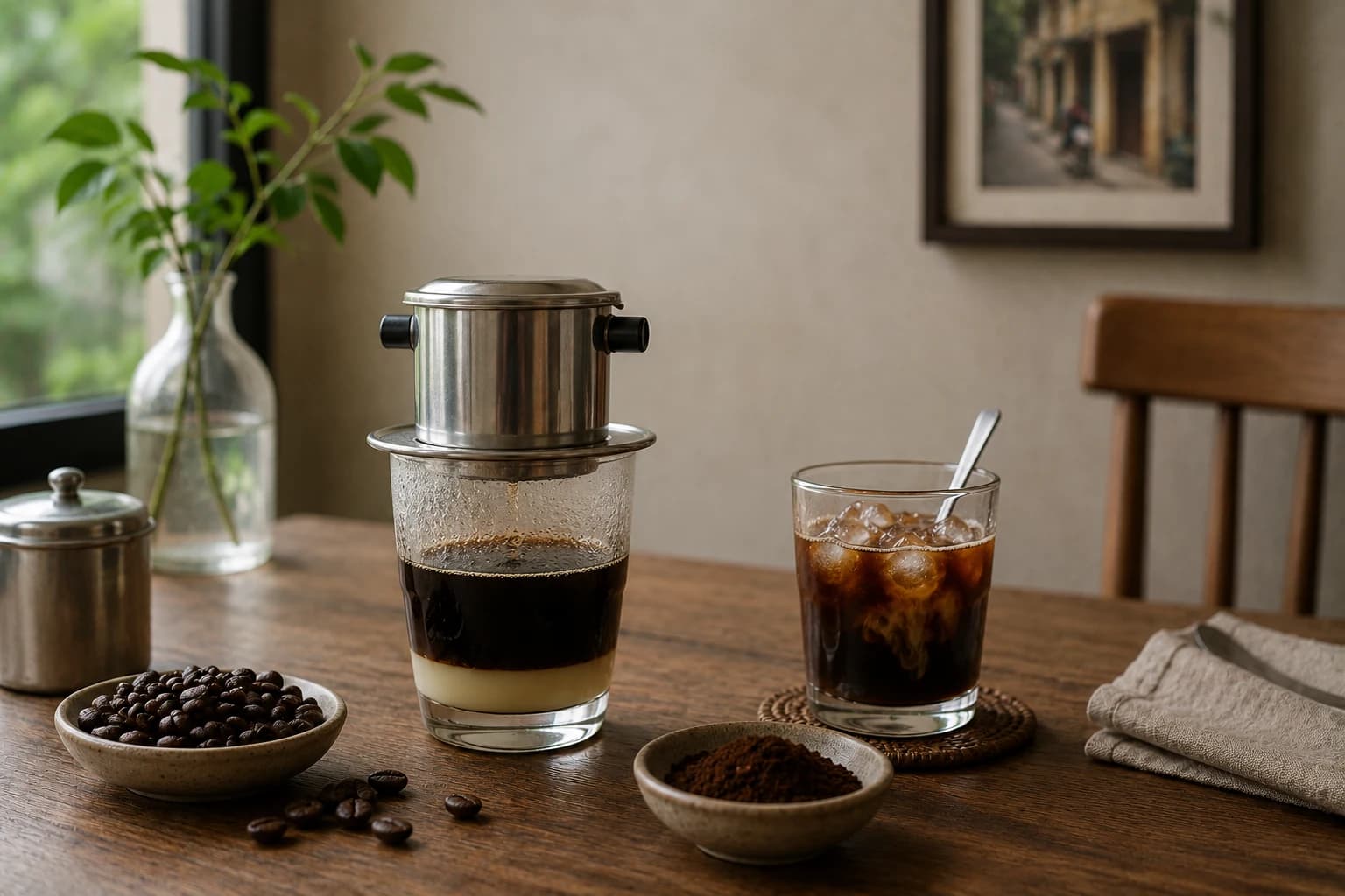 Vietnamese phin filter brewing coffee over condensed milk with iced coffee nearby