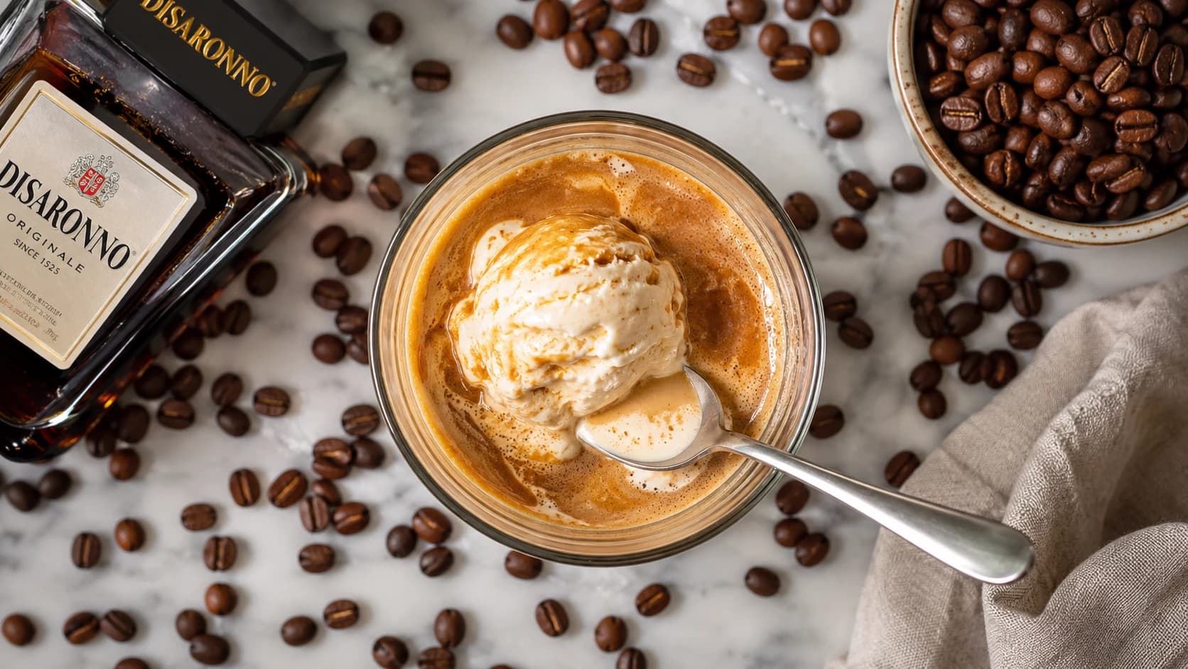 Vanilla gelato affogato with espresso and a small serving of amaretto