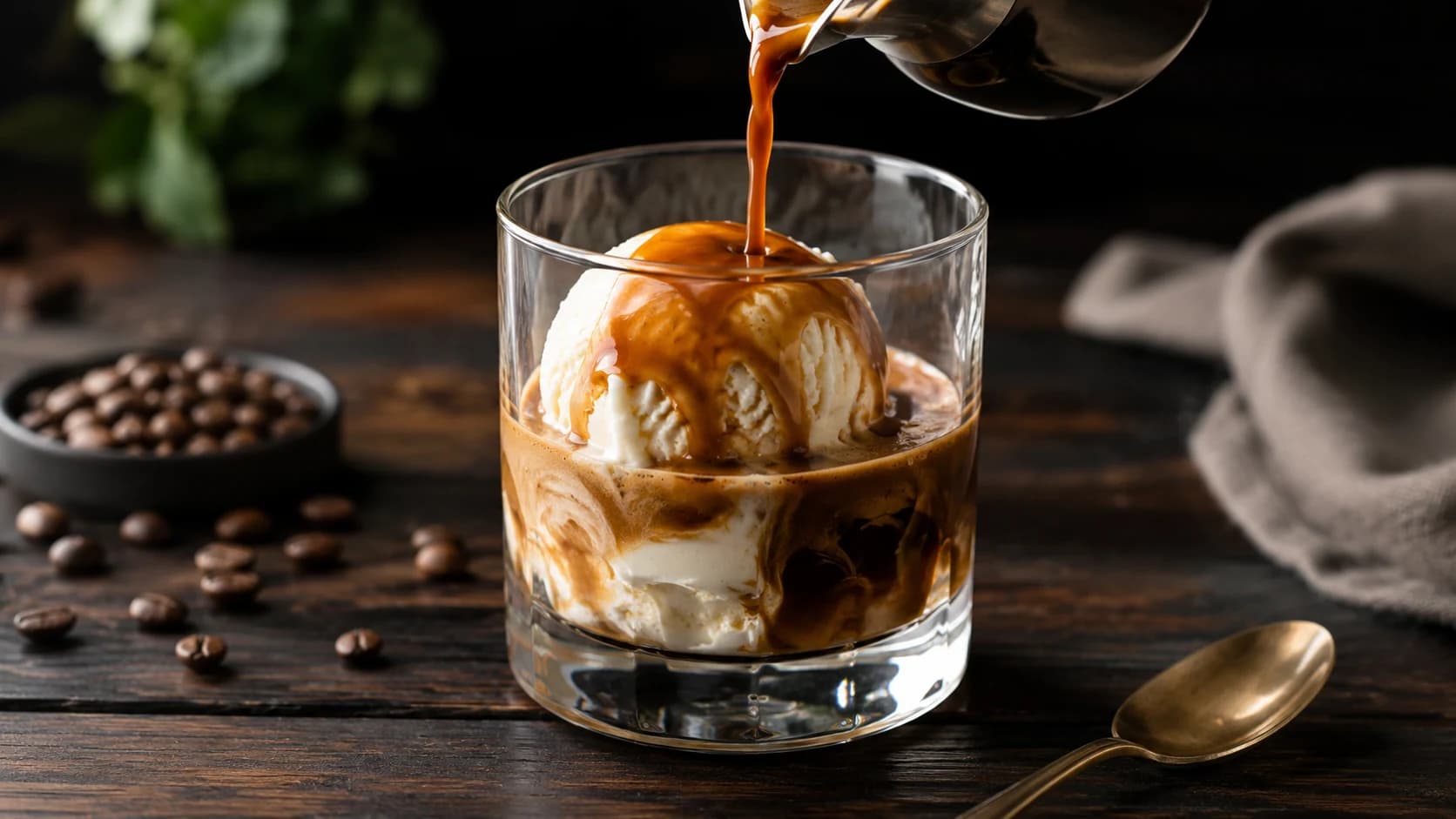 Fresh espresso being poured over a scoop of vanilla gelato for an affogato