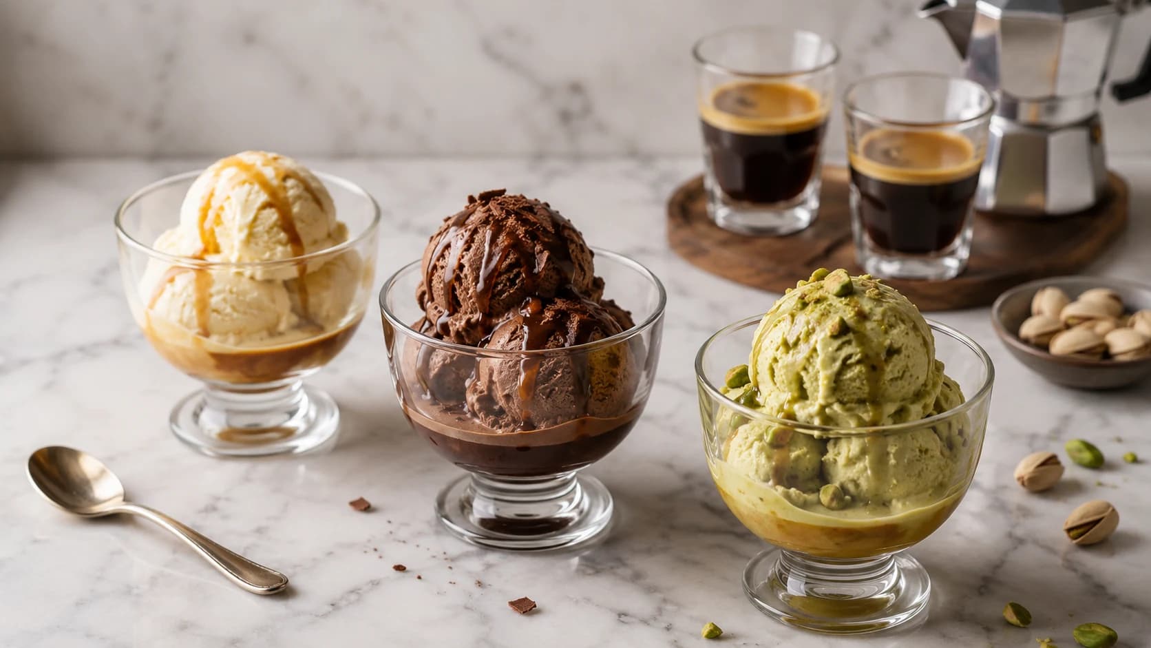 Vanilla, chocolate, and pistachio gelato affogato variations served with espresso